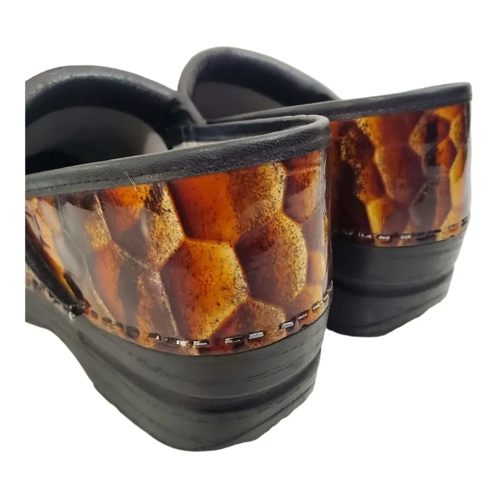 DANSKO Shoes Womens Size 37 US 7 Brown Animal Print Patent Leather Nursing Clogs
